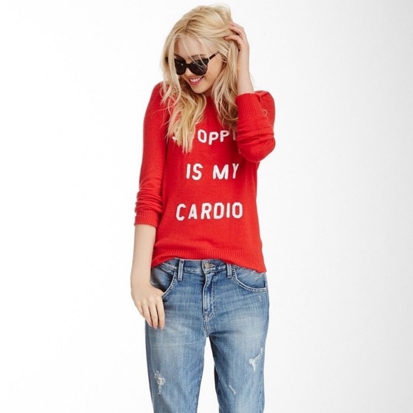 Wildfox Sequined Shopping Is My Cardio Sweater Red - Picture 2 of 4